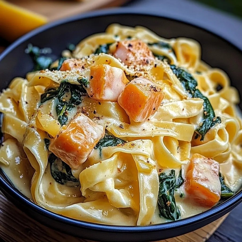 Nudeln in Lachs Sahne Soße mit Spinat